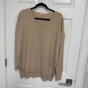 Pink Lily Tan V-Neck Sweater